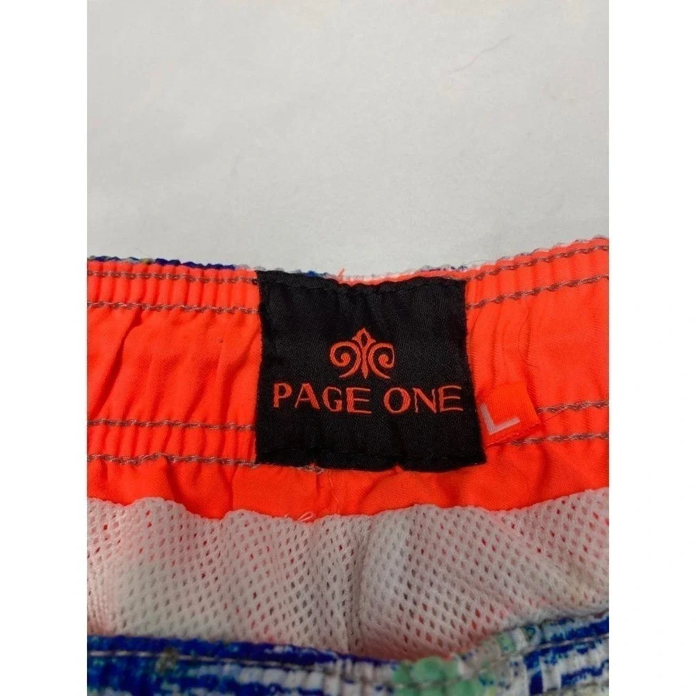 PAGE ONE Mens‎ Swim Trunks Beach Shorts Green & Blue Paint Splatter Design L